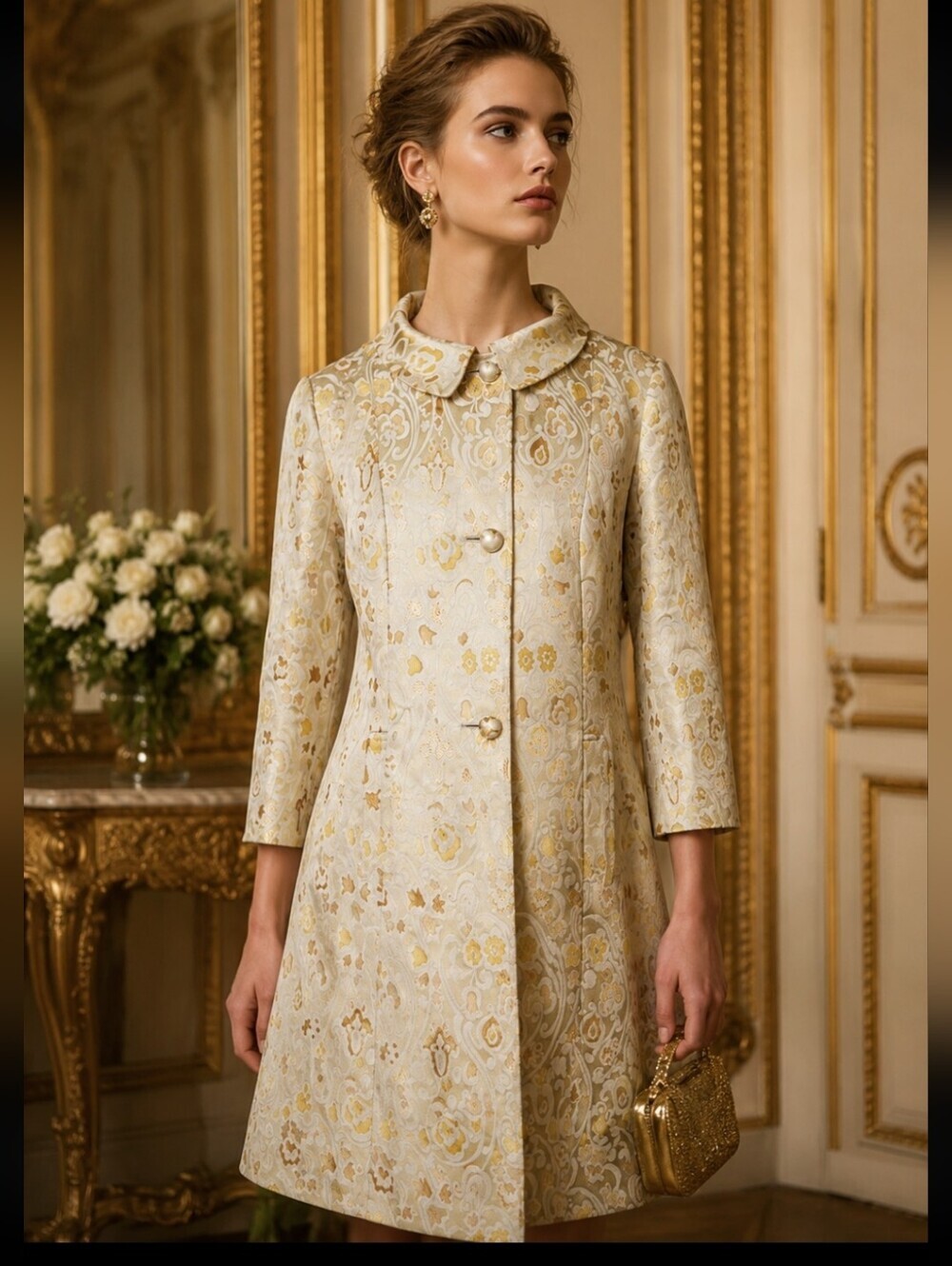 RED Valentino Gold Brocade Jacquard A-Line Coat | Metallic Floral |Made in Italy
